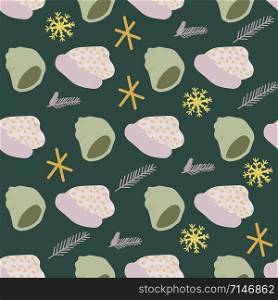 Knitted hats with pine tree twigs seamless pattern on dark green background. Web, wrapping paper, textile, wallpaper design, background fill.. Knitted hats with pine tree twigs seamless pattern on dark green background