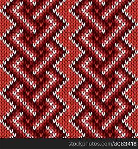 Knitted interwoven geometric pattern in red, brown and white colors, seamless knitting vector pattern as a fabric texture