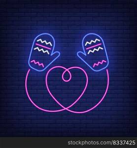 Knitted mittens with heart shaped string neon sign. Winter season, Christmas, frost design. Night bright neon sign, colorful billboard, light banner. Vector illustration in neon style.