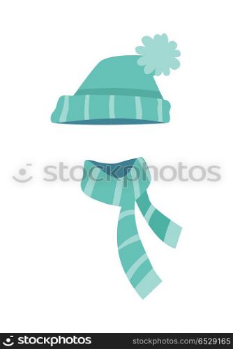 Knitted Modern Hat and Scarf with Stripes. Vector. Hat. Knitted modern hat and twisted scarf with white stripes. Winter sport hat in triangle shape and scarf along. Two different endings of scarf. Flat design. White background. Vector illustration.