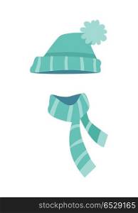 Knitted Modern Hat and Scarf with Stripes. Vector. Hat. Knitted modern hat and twisted scarf with white stripes. Winter sport hat in triangle shape and scarf along. Two different endings of scarf. Flat design. White background. Vector illustration.