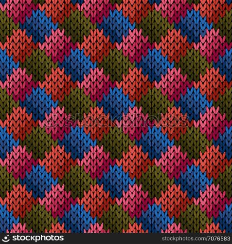 Knitted multicolor ornate seamless vector pattern with quadratic elements as a fabric texture
