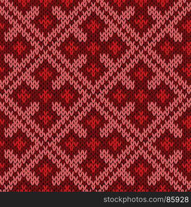 Knitted ornamental seamless vector pattern as a fabric texture in red and pink colors