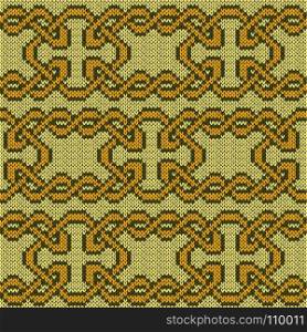 Knitted ornate interlaced seamless vector pattern as a fabric texture in yellow and green hues