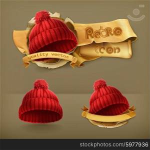 Knitted red cap, retro vector icon
