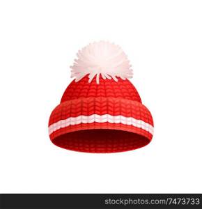 Knitted red hat with white pom-pom vector icon isolated. Warm headwear item, winter cloth thick woolen chunky yarn, hand knitting crochet headdress. Knitted Red Hat with White Pom-Pom Vector Icon
