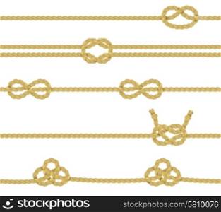 Knitted Rope Border Set. Knitted and associated twisted ropes twines with nodes realistic color decorative border set isolated vector illustration