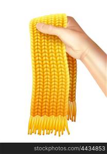 Knitted Scarf In Hand Realistic Illustration . Winter season knitted Fashionable accessories bright yellow wool scarf for men women and children realistic vector illustration