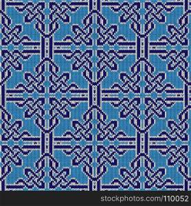 Knitted seamless vector pattern similar to ornate lattice as a fabric texture in blue and white colors