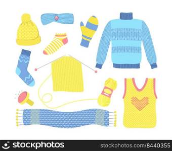 Knitted seasonal woolen clothes set. Blue sweater, yellow hat, socks, mittens, scarf, yarn, needle. Vector illustration for knitting, hobby, handicraft, winter concept