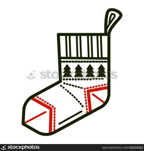 Knitted sock with pine evergreen tree print on it vector Christmas winter holiday symbol piece of clothes to put gifts and presents from Santa Claus fir and spruce color ornaments isolated line art icon. Knitted sock with pine evergreen tree print on it