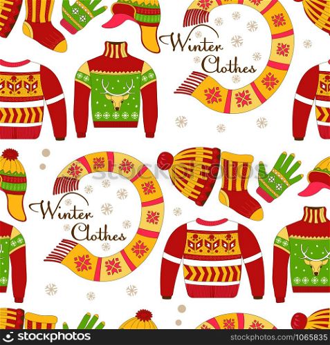 Knitted sweaters and warm winter hat seamless pattern isolated on white background vector. Snowflakes and reindeer symbolic animal of Christmas holidays prints. Ornaments and animalistic elements. Knitted sweaters and warm winter hat seamless pattern isolated