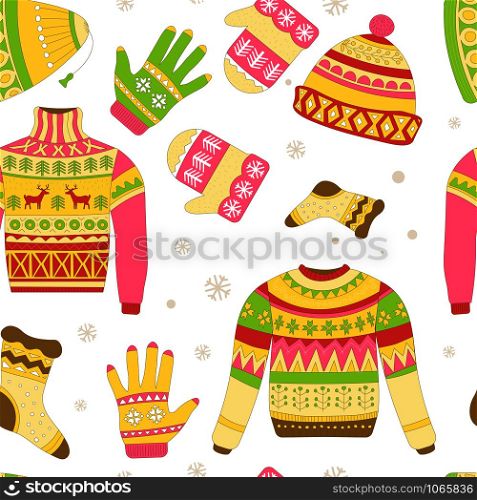 Knitted sweaters and warm winter hat seamless pattern isolated on white background vector. Snowflakes and reindeer symbolic animal of Christmas holidays prints. Ornaments and animalistic elements. Knitted sweaters and warm winter hat seamless pattern isolated