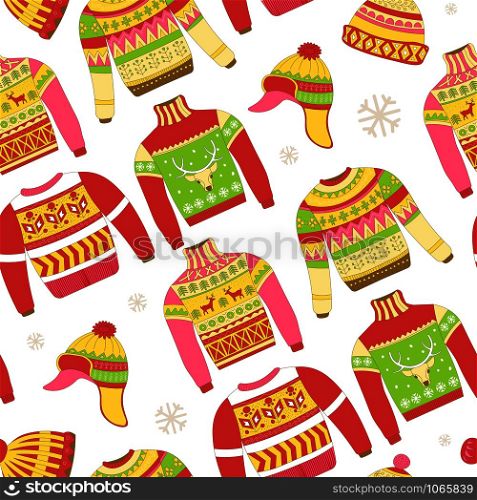 Knitted sweaters and warm winter hat seamless pattern isolated on white background vector. Snowflakes and reindeer symbolic animal of Christmas holidays prints. Ornaments and animalistic elements. Knitted sweaters and warm winter hat seamless pattern
