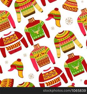 Knitted sweaters and warm winter hat seamless pattern isolated on white background vector. Snowflakes and reindeer symbolic animal of Christmas holidays prints. Ornaments and animalistic elements. Knitted sweaters and warm winter hat seamless pattern