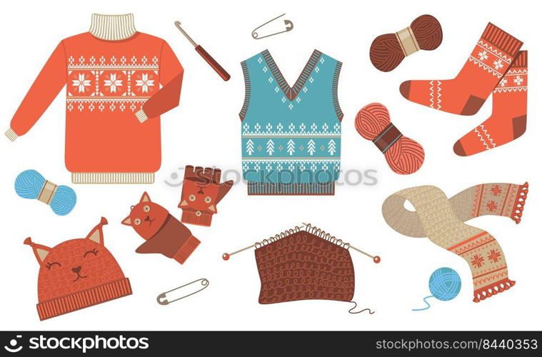 Knitted winter and autumn seasonal clothes flat icon kit. Woolen sweater, scarf, hat and socks isolated vector illustration collection. Handmade fashion and hobby concept