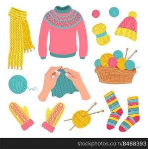 Knitted woolen clothes set. Vector illustrations of apparel, wool balls of yarn in basket. Cartoon scarf hat mittens socks mittens cardigan isolated on white. Knitting, needlework, craft hobby concept. Knitted woolen clothes set