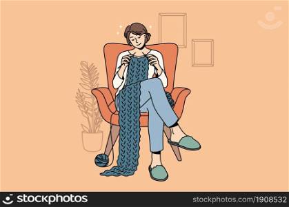 Knitting and Home hobbies concept. Young smiling woman cartoon character sitting at home in armchair knitting scarf with wool enjoying hobby vector illustration . Home hobbies and knitting concept