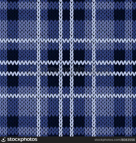 Knitting checkered seamless vector pattern with perpendicular lines as a woollen Celtic tartan plaid or a knitted fabric texture in various blue hues