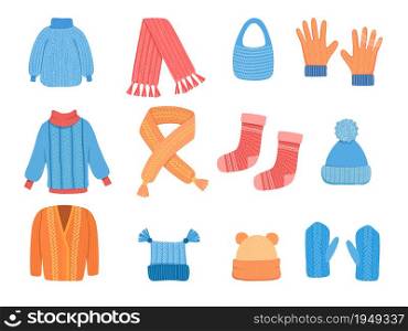 Knitting clothes. Winter cup cardigan jacket scarf woolen coat vector colored stylish clothes vector collection. Illustration winter mittens, seasonal clothing accessories. Knitting clothes. Winter cup cardigan jacket scarf woolen coat vector colored stylish clothes vector collection