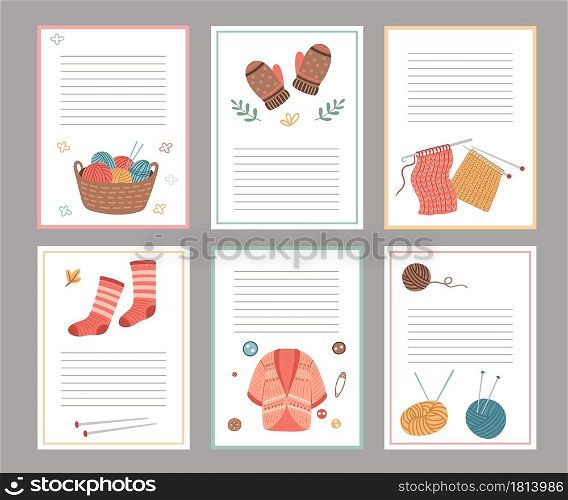 Knitting elements cards. Blank paper notes template, cozy cardigan, socks mittens. Autumn winter scandinavian style notebook sheets vector set. Illustration handmade socks and sweater, yarn and thread. Knitting elements cards. Blank paper notes template, cozy cardigan, socks mittens. Autumn winter scandinavian style notebook sheets vector set
