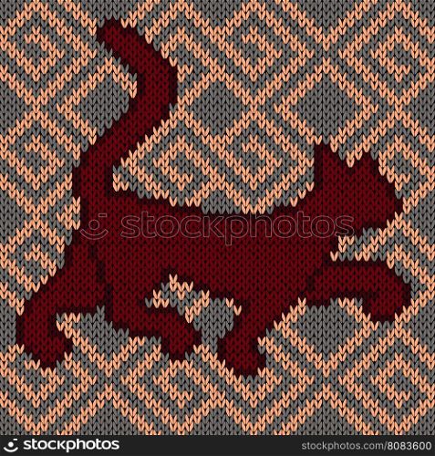 Knitting fabric childish vector seamless pattern with dark red rambling cat over ornamental background