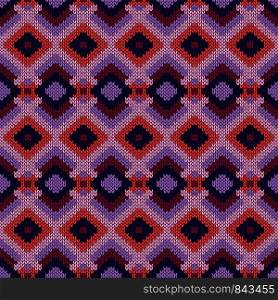 Knitting geometrical seamless vector pattern in violet, pink and magenta colors as a knitted fabric texture