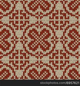 Knitting motley orient ethnic background in beige and brown colors, seamless knitting vector pattern as a fabric texture. Seamless knitted orient ethnic pattern