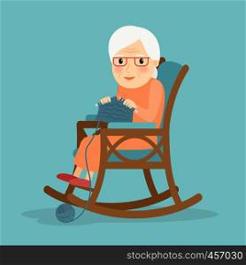 Knitting. Old woman knits. Granny knitting in her rocking chair. Vector illustration. Old woman knitting