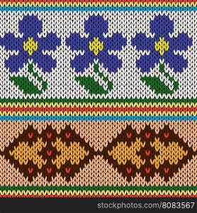 Knitting ornamental seamless colourful vector pattern with rows of blue stylized flowers and geometric figures as a knitted fabric texture