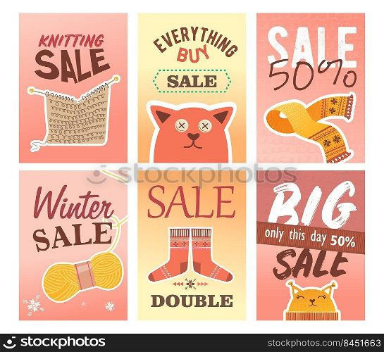 Knitting sale flyers set. Pins and yarns, knitted clothes and toys vector illustrations with text and discount percent. Handmade hobby concept for craft shop retail posters and leaflets design