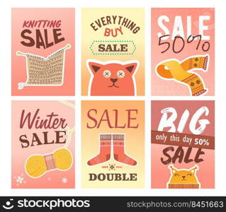 Knitting sale flyers set. Pins and yarns, knitted clothes and toys vector illustrations with text and discount percent. Handmade hobby concept for craft shop retail posters and leaflets design