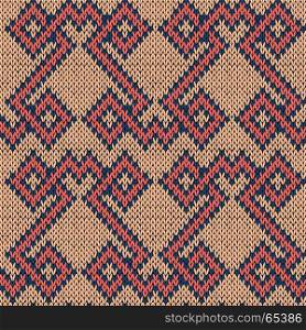 Knitting seamless geometric ornate vector pattern in beige, red and blue colors