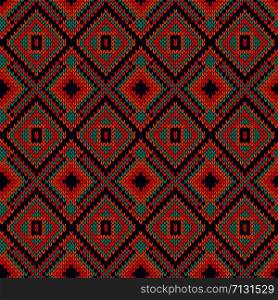 Knitting seamless ornamental pattern in turquoise, orange, red and dark blue colors, vector pattern as a fabric texture