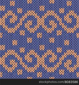 Knitting seamless ornate vector pattern with swirl elements in blue and beige colors as a knitted fabric texture