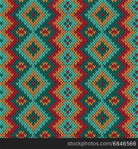 Knitting seamless variegated vector pattern as a fabric texture in red, blue, orange and turquoise colors. Knitting seamless variegated pattern
