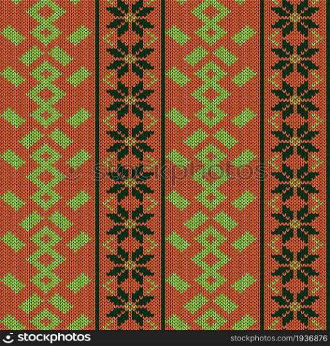 Knitting seamless vector pattern as a fabric texture in dark orange and green color as a fabric texture