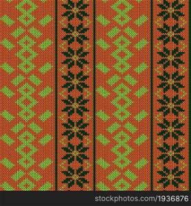 Knitting seamless vector pattern as a fabric texture in dark orange and green color as a fabric texture