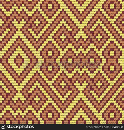 Knitting seamless vector pattern as a fabric texture in yellow, claret and brown hues. Knitting seamless pattern in warm colors