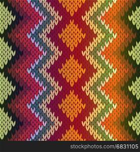 Knitting seamless vector pattern as a fabric texture with gradient mainly in green, red, beige and orange hues
