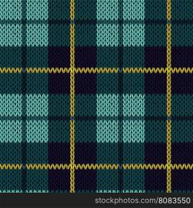 Knitting seamless vector pattern with perpendicular lines as a woollen Celtic tartan plaid or a knitted fabric texture in turquoise, dark blue and yellow colors