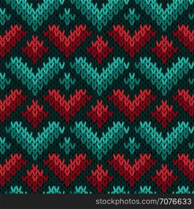 Knitting seamless vector pattern with stylized hearts in red, green and turquoise hues as a fabric texture