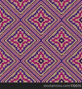 Knitting seamless vector quadratic ornate pattern as a fabric texture in pink, violet and beige colors