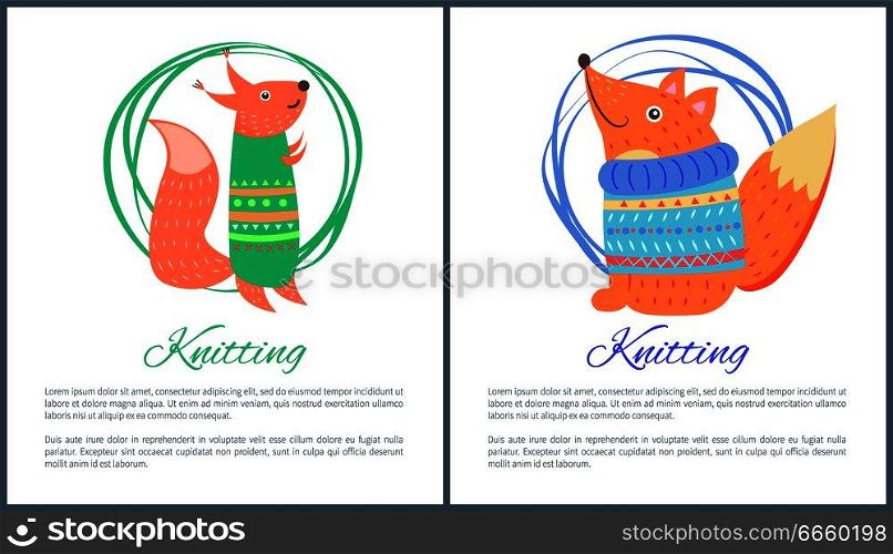 Knitting sweaters on funny toy fox and squirrel vector illustration in hand made concept. Cute forest animals in warm winter cloth banner with text. Knitting Sweaters on Funny Toy Fox Squirrel Vector