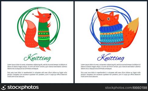 Knitting sweaters on funny toy fox and squirrel vector illustration in hand made concept. Cute forest animals in warm winter cloth banner with text. Knitting Sweaters on Funny Toy Fox Squirrel Vector