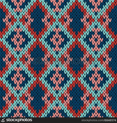 Knitting variegated seamless vector pattern as a fabric texture in red, blue, turquoise and pink hues. Knitting variegated seamless pattern