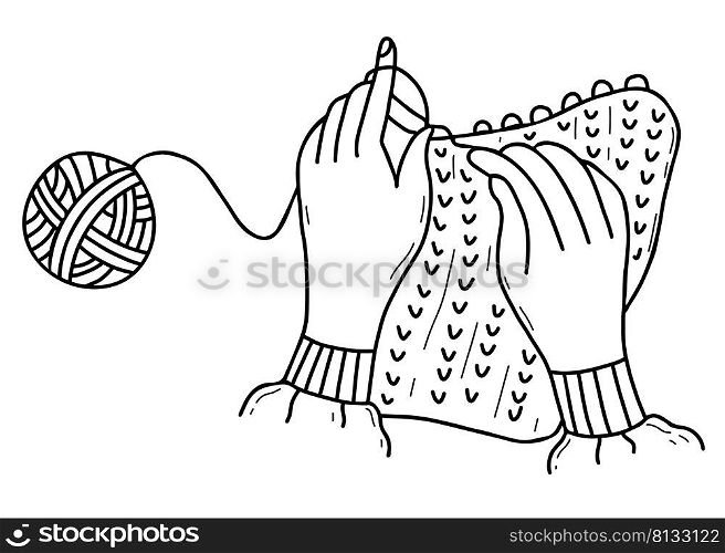Knitting with threads. hands knit thing with knitting needles and ball of thread. Vector illustration in hand drawn linear doodle style. Line, outline, decor, posters, design
