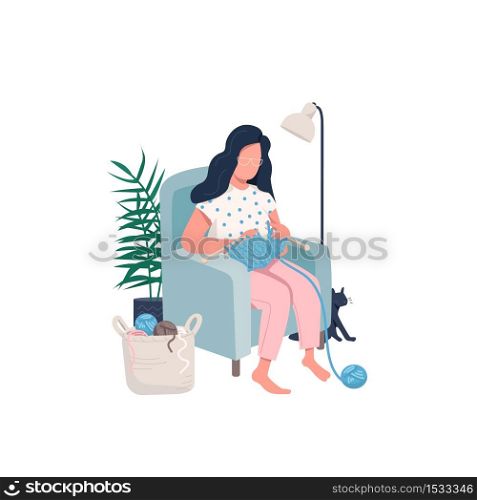 Knitting woman flat color vector faceless character. Pastime activity. House recreation. Learn new craft. Home relaxation isolated cartoon illustration for web graphic design and animation. Knitting woman flat color vector faceless character