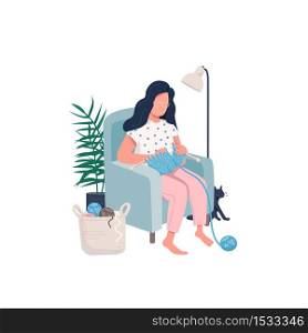 Knitting woman flat color vector faceless character. Pastime activity. House recreation. Learn new craft. Home relaxation isolated cartoon illustration for web graphic design and animation. Knitting woman flat color vector faceless character