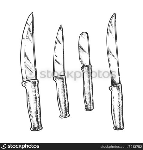 Knives Metallic Meal Kitchenware Monochrome Vector. Stainless Knives With Wooden Or Plastic Handle. Restaurant Utensil Engraving Template Designed In Vintage Style Black And White Illustration. Knives Metallic Meal Kitchenware Monochrome Vector
